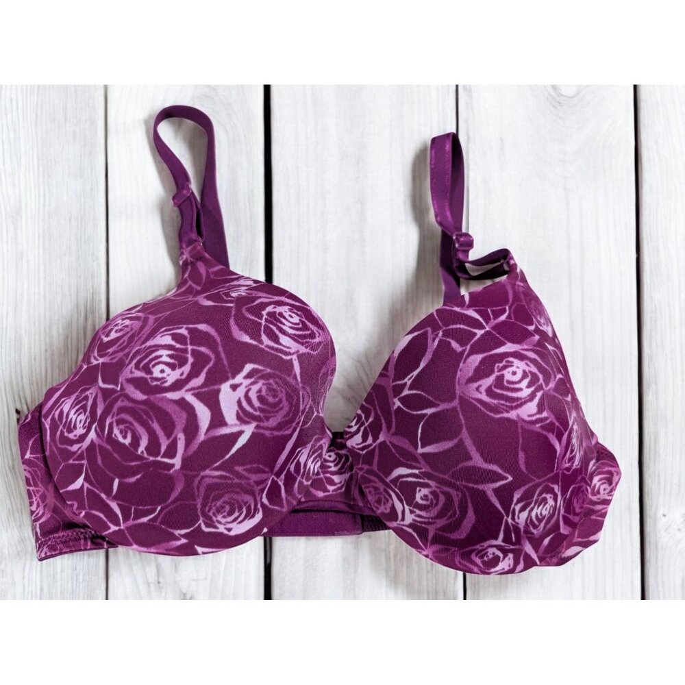 Warners Bra Size‎ 34B 34 B Purple Rose Print Underwire Floral Flowers Padded